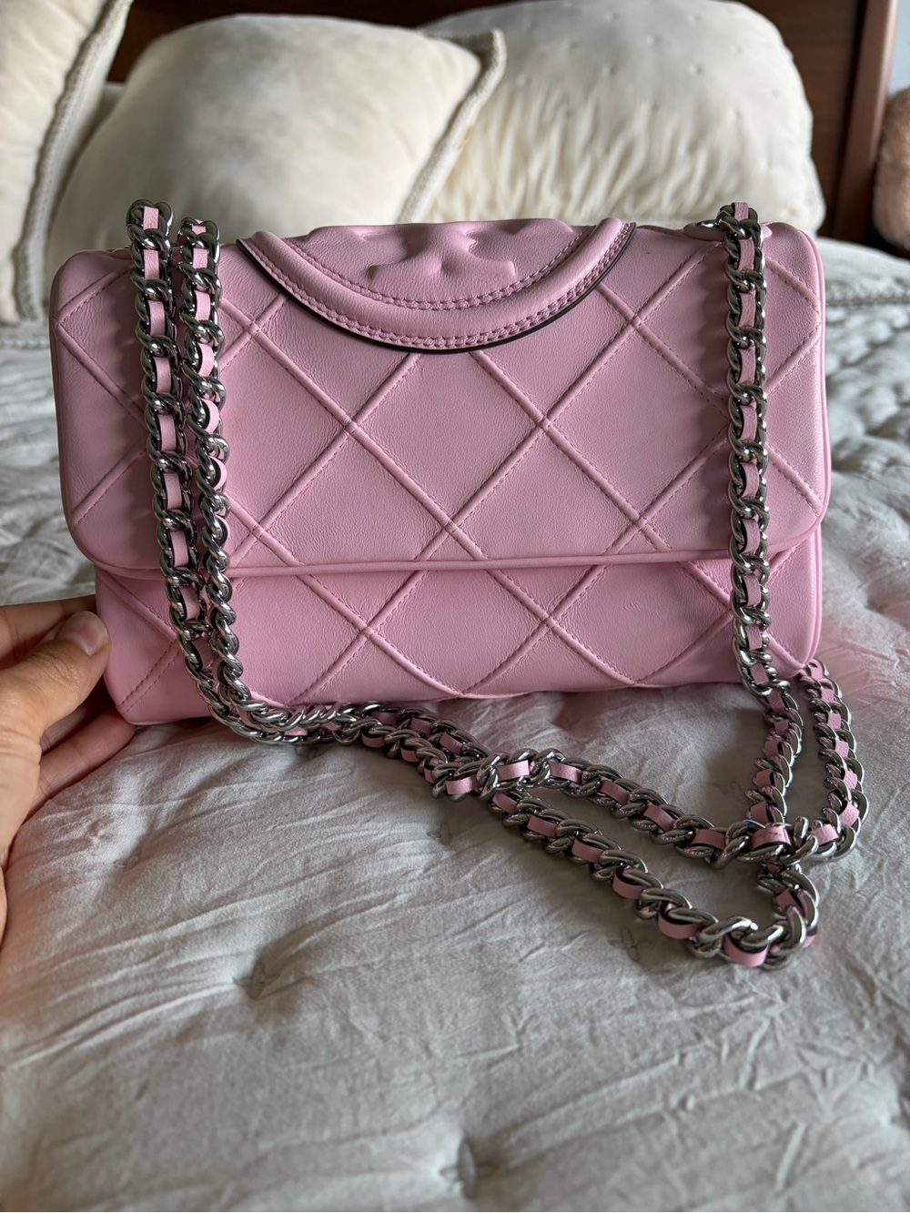 Quilted Pink Chain Shoulder Bag - Women